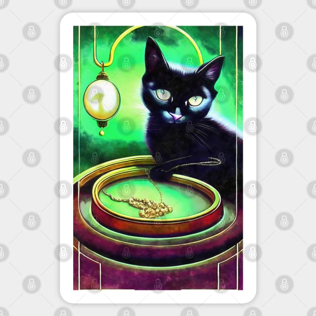 Black cat play with golden chain Sticker by AnnArtshock